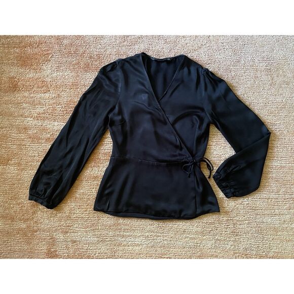 Zara Woman Black Wrap Blouse Satin Look Long Sleeve Tie Waist Top Size S Turkey - Picture 1 of 5